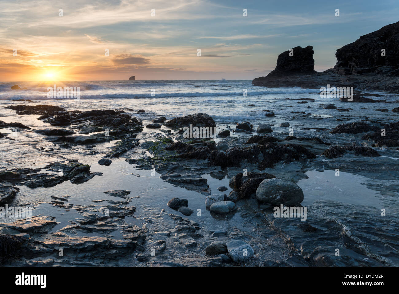 Sunset at Trevellas Coombe beach in St Agnes in Cornwall Stock Photo