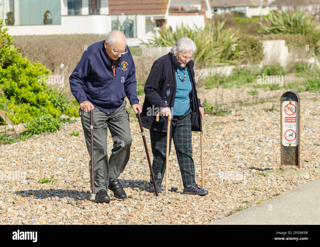 An elderly couple with sticks walking along a stony path. Stock Photo