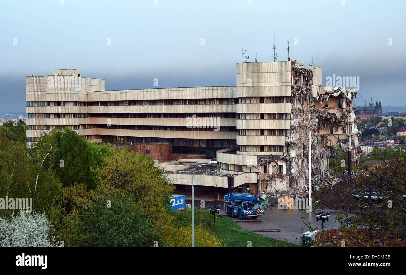 Hotel Praha of the late communist era is being demolished, a large, curved  concrete structure, will make way for a park for pupils of an elite school  run by its new owners,