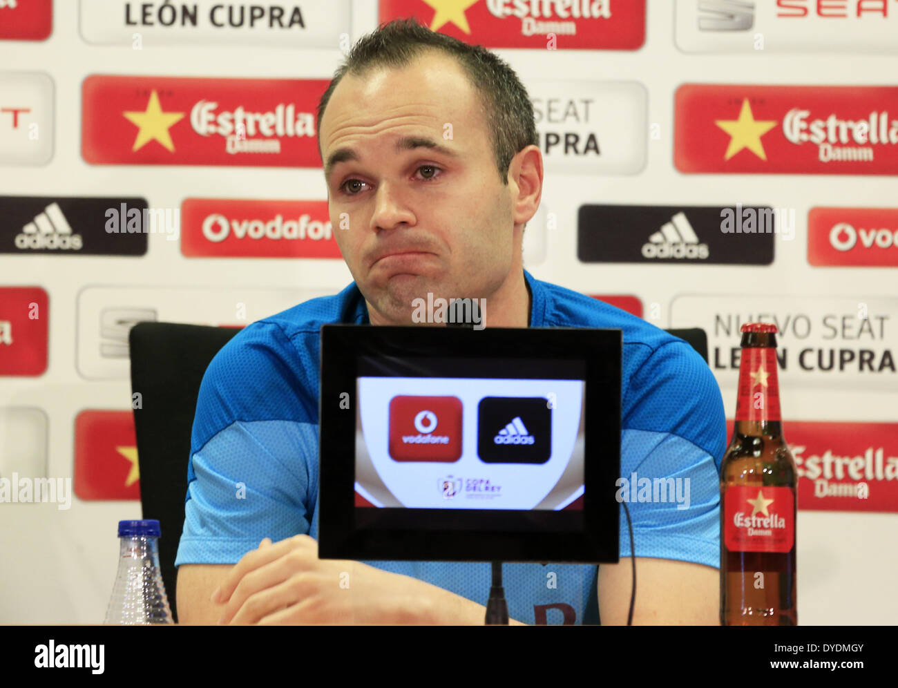 Barcelona, Spain. 15th Apr, 2014. BARCELONA-SPAIN April -15. Andres Iniesta in the FC Barcelona training and press conference preceding the final of the Copa del Rey, which took place at the Ciudad Deportiva Joan Gamper of FC Barcelona, ''on April 5, 2014 Photo: Joan Valls/Urbanandsport /Nurphoto © Joan Valls/NurPhoto/ZUMAPRESS.com/Alamy Live News Stock Photo