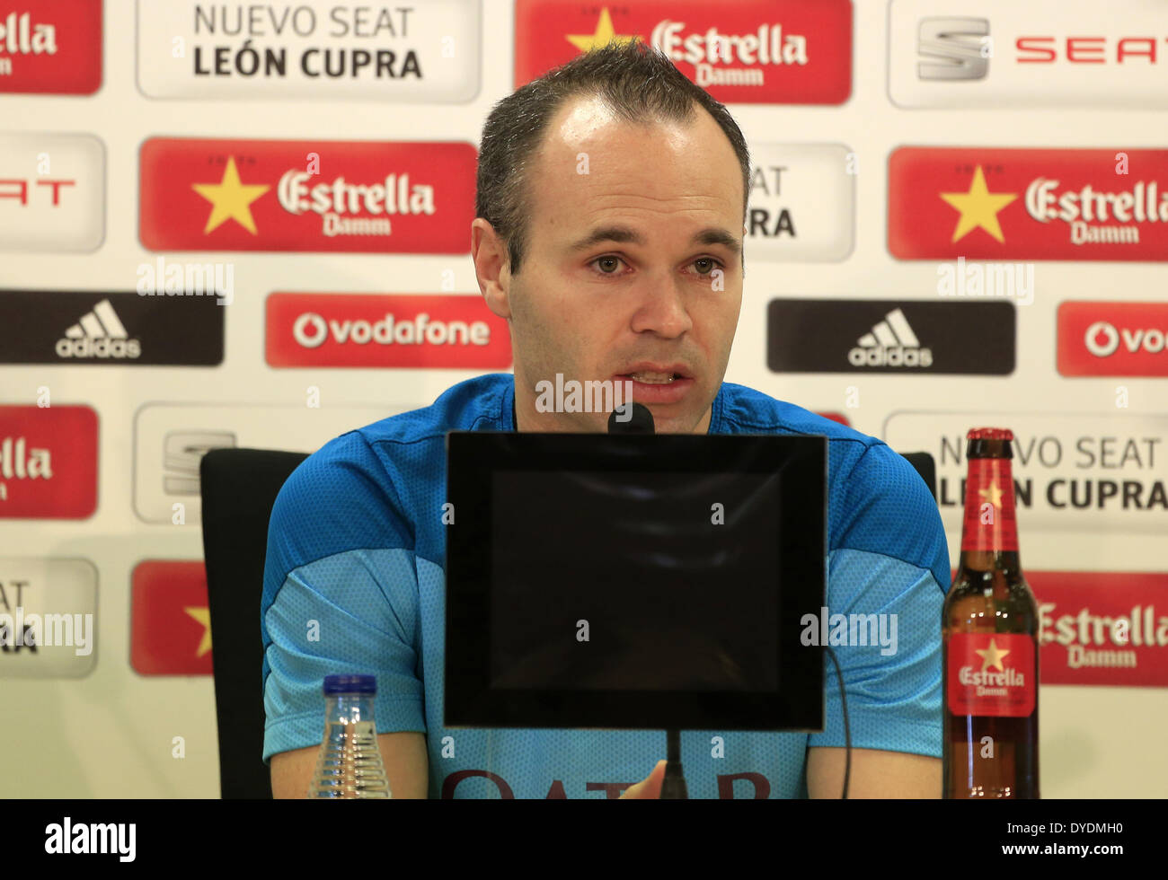 Barcelona, Spain. 15th Apr, 2014. BARCELONA-SPAIN April -15. Andrfes Iniesta in the FC Barcelona training and press conference preceding the final of the Copa del Rey, which took place at the Ciudad Deportiva Joan Gamper of FC Barcelona, ''on April 5, 2014 Photo: Joan Valls/Urbanandsport /Nurphoto © Joan Valls/NurPhoto/ZUMAPRESS.com/Alamy Live News Stock Photo