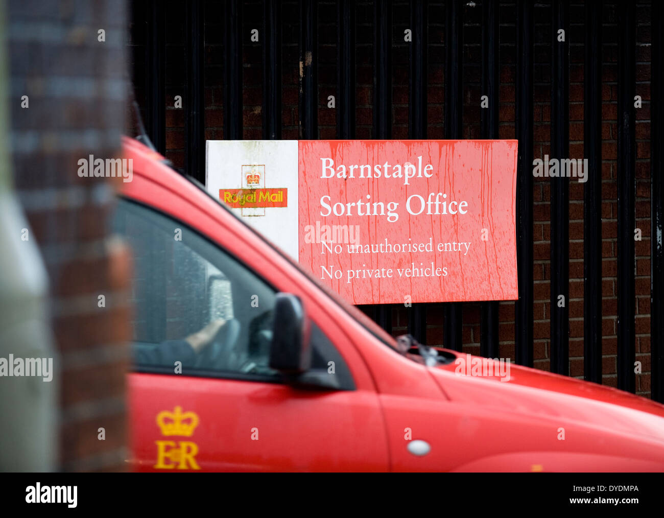 A Royal Mail van leaving a sorting office during a nationwide workers strike, Barnstaple, Devon, UK Stock Photo