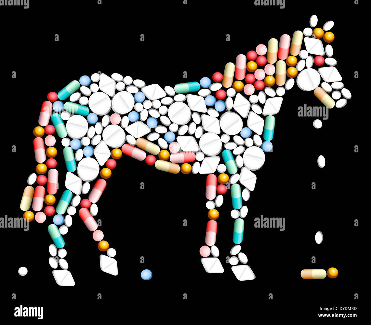 Tablets, pills and capsules, that shape the silhouette of a horse. Stock Photo