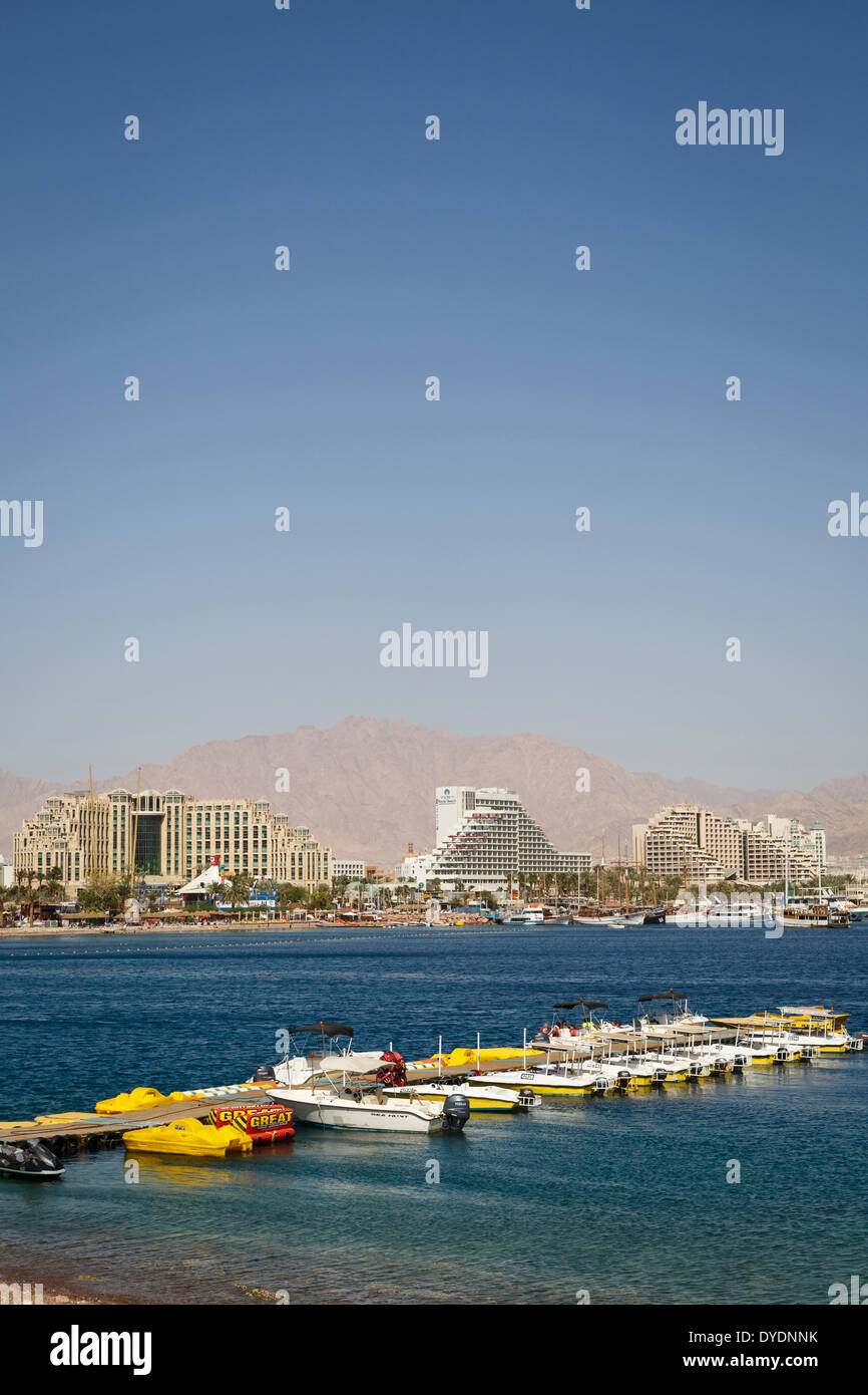View over the red sea, beach and hotels in Eilat, Israel. Stock Photo