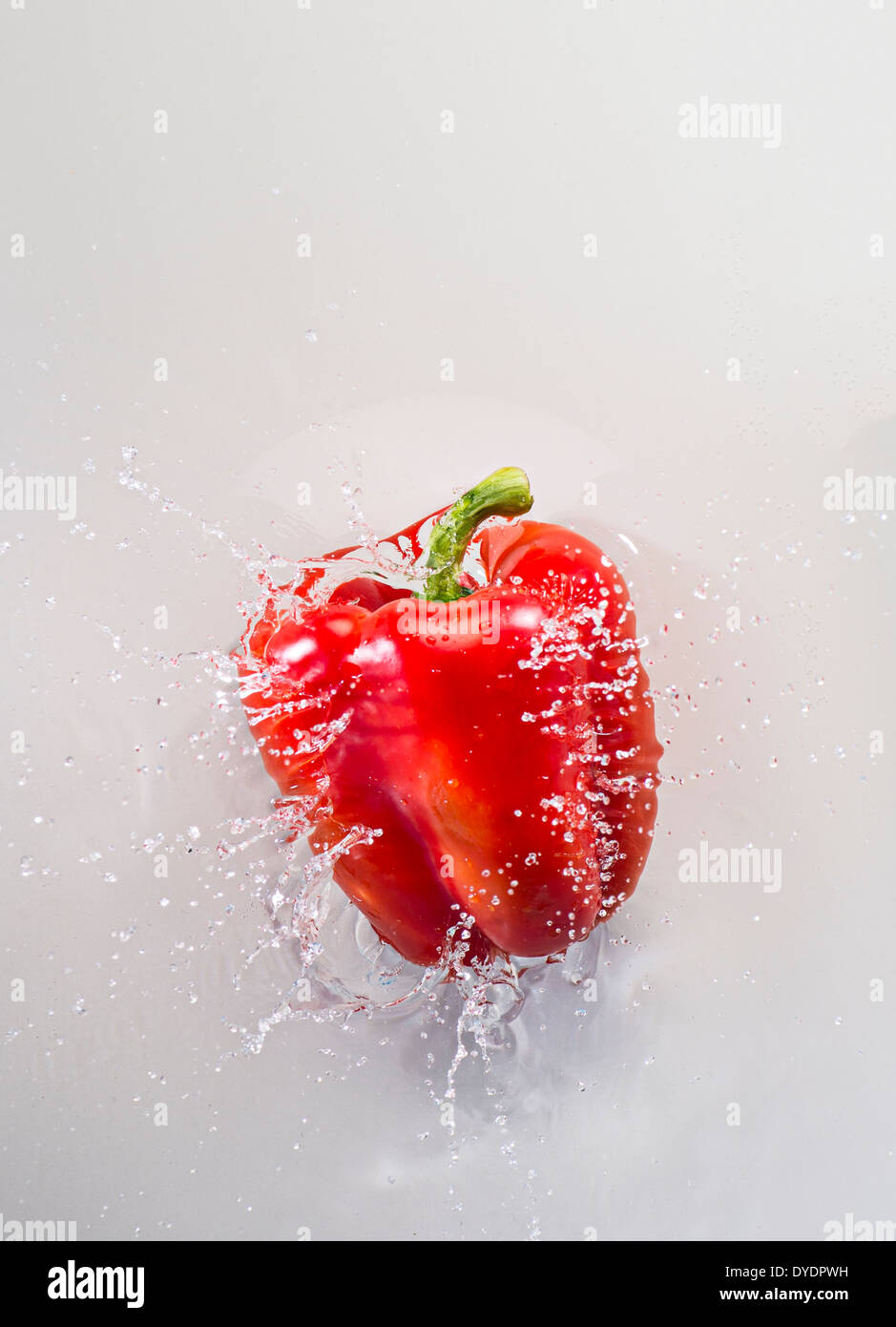 Red Bell Pepper Splashing In Water, White Background Stock Photo