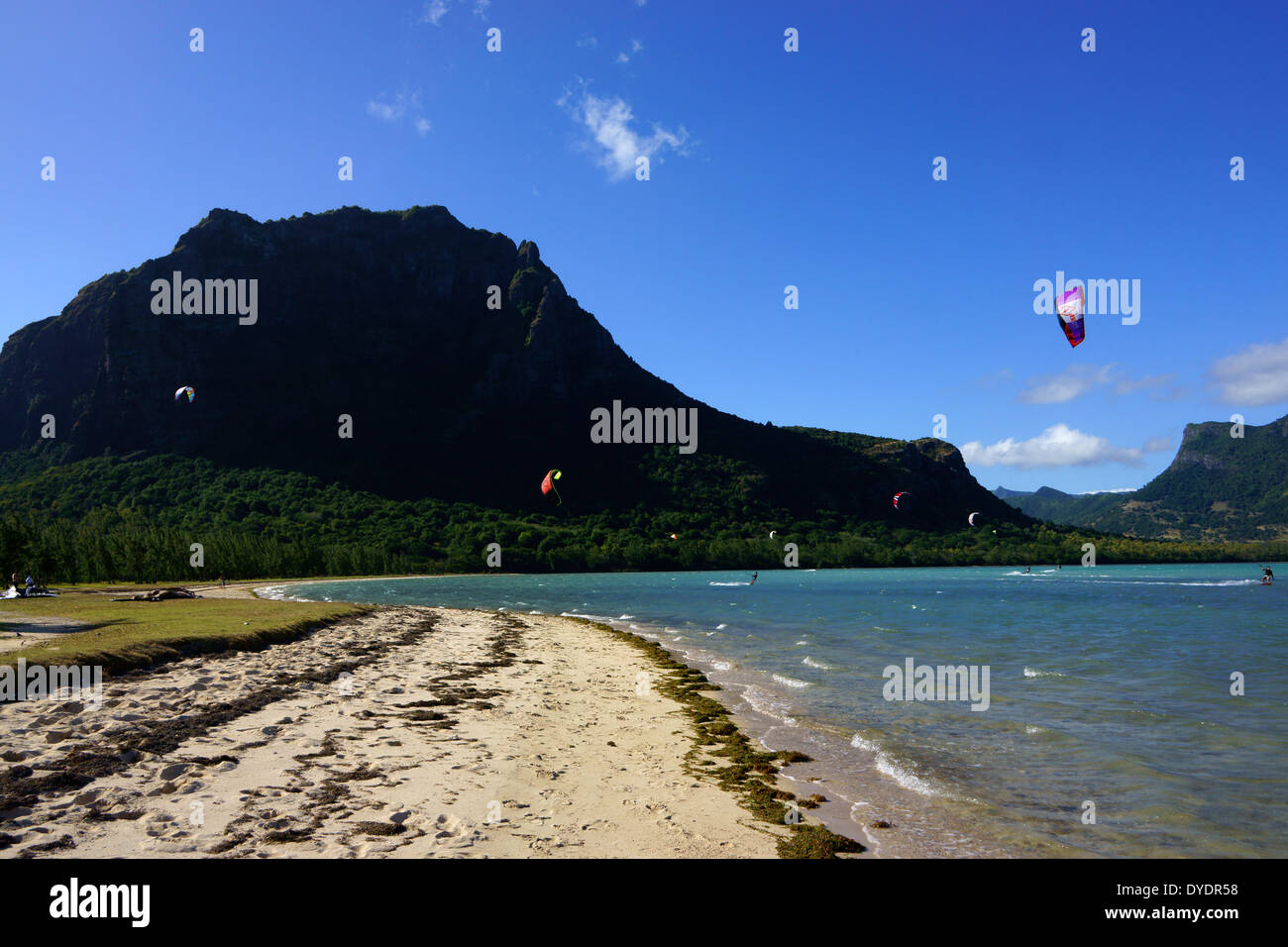 Kite surfers at Le Morne Brabant Peninsula, Island Mauritius Stock Photo