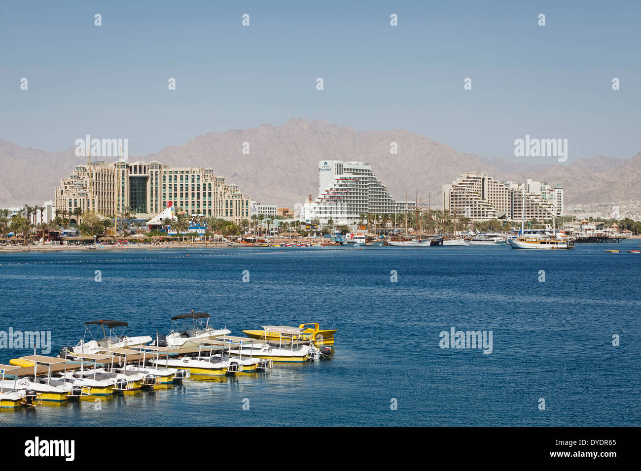 View over the red sea, beach and hotels in Eilat, Israel. Stock Photo