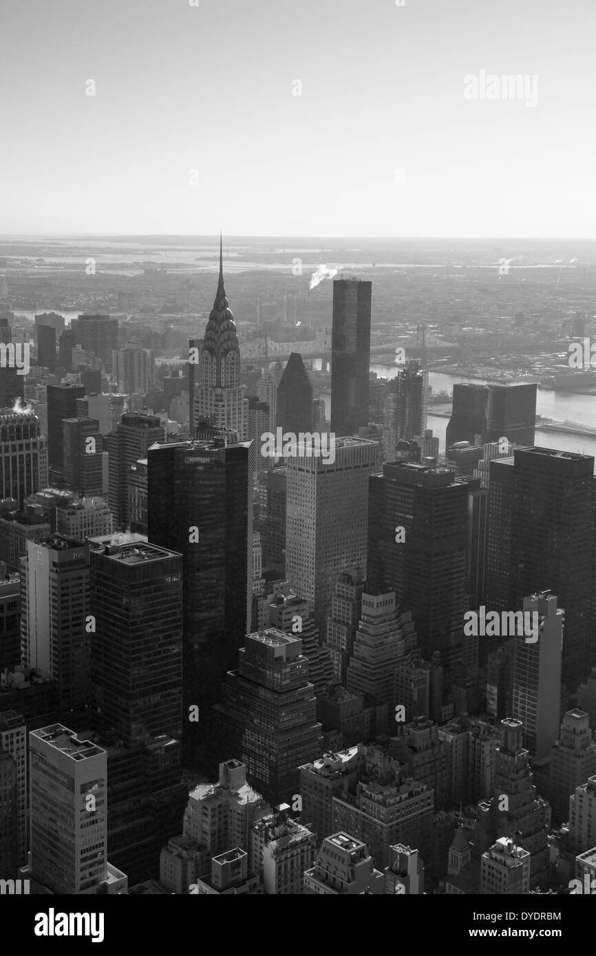 A view from the Empire State building with The Chrysler Building in view. Black and White Stock Photo
