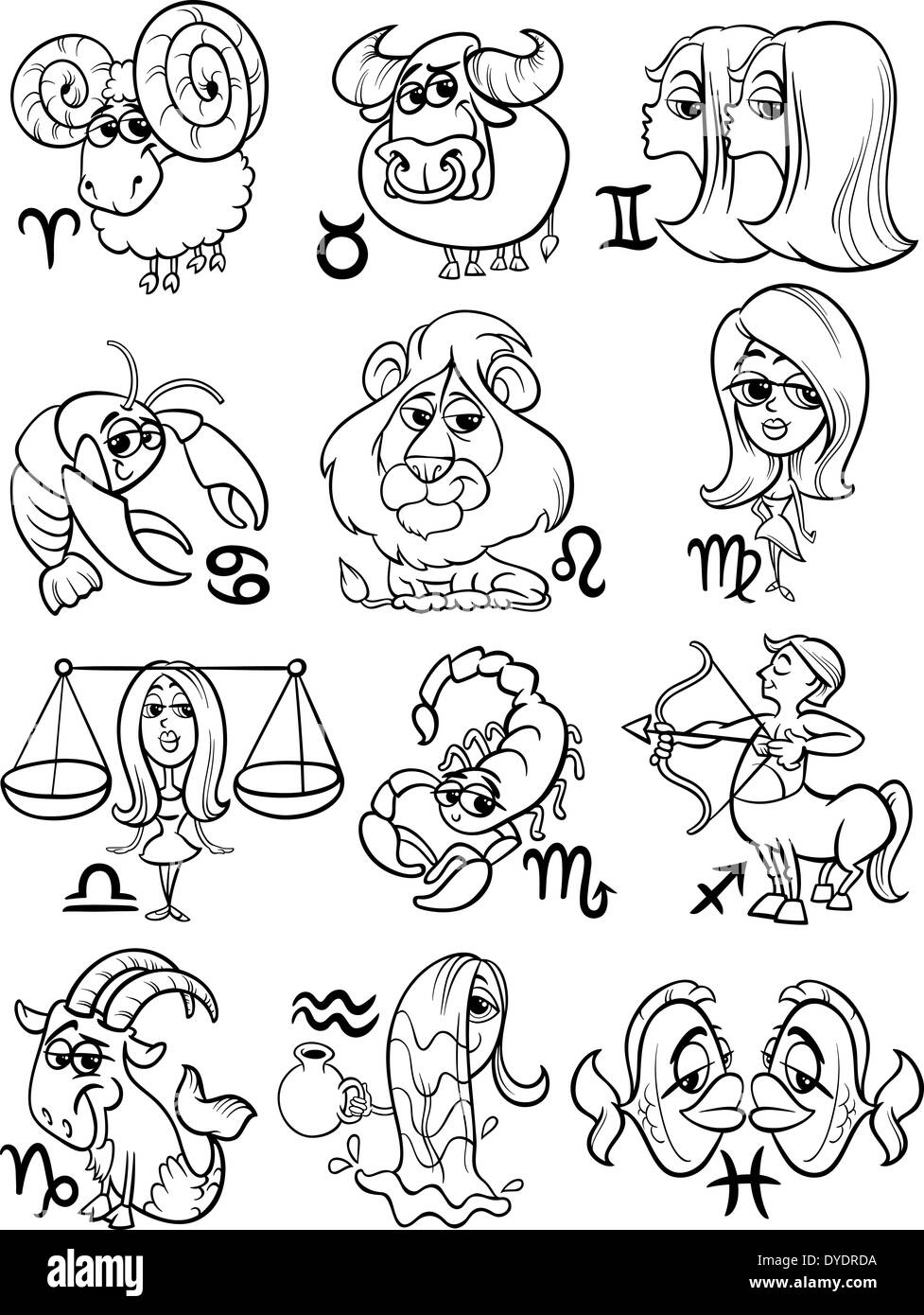 Black and White Cartoon Illustration of All Horoscope Zodiac Signs Set Stock Photo