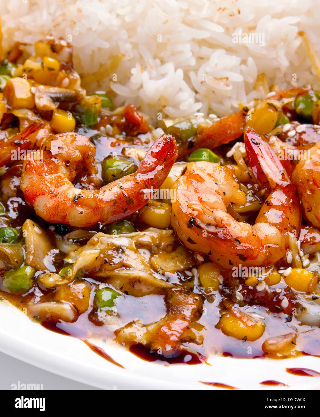 Fried shrimp with vegeable peasand corn Stock Photo