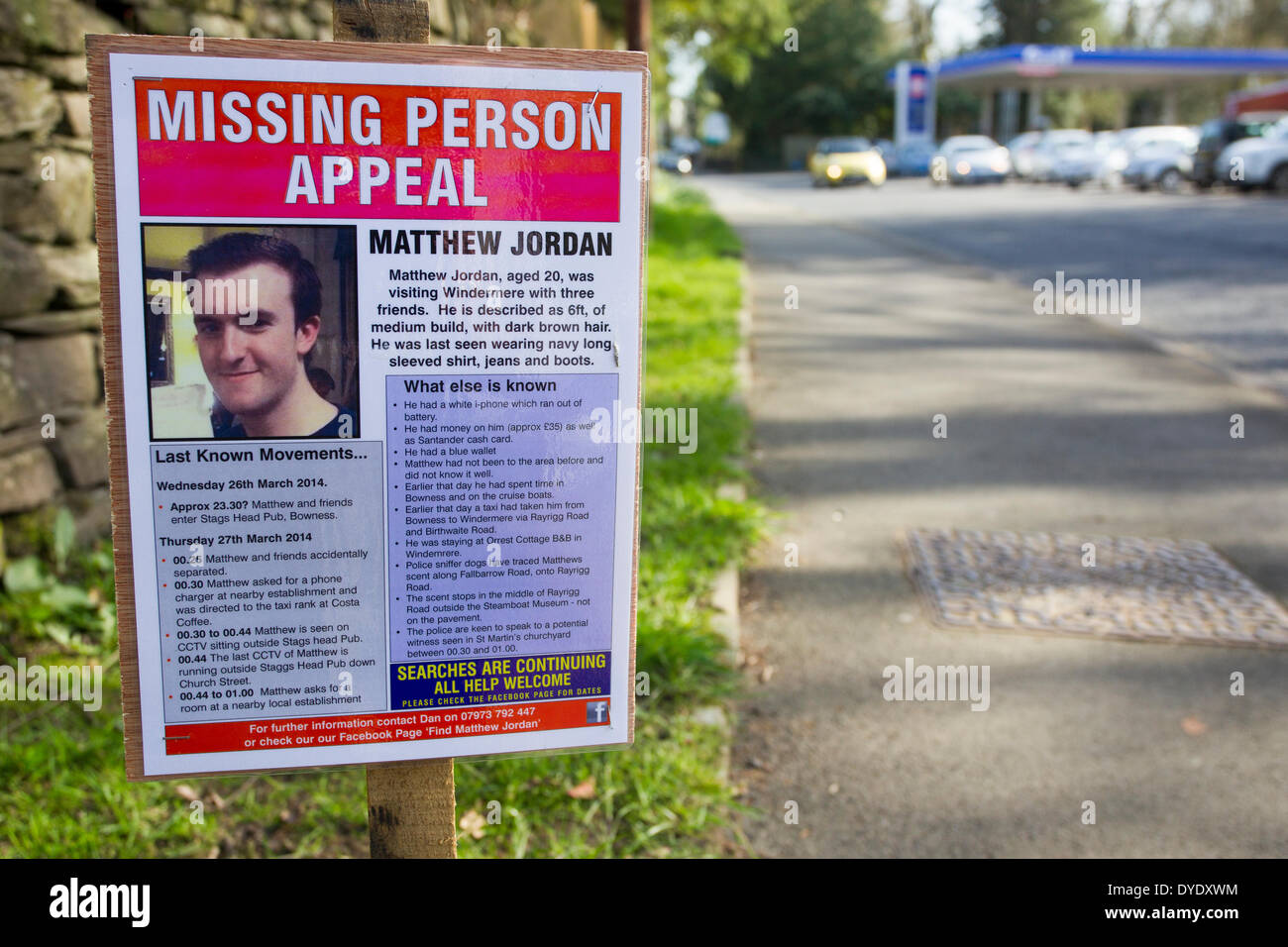 Windermere, Cumbria, UK. 15th April 2014.  Confirmation that the body found in Lake Windermere this morning is of the missing student  Matthew Jordan  BBC Martin Lewes Radio Cumbria went on air to break the news 5.00pm Posters missing person appeal  for Matthew on Rayrigg road next to the lake where his body was found   Credit:  Gordon Shoosmith/Alamy Live News Stock Photo
