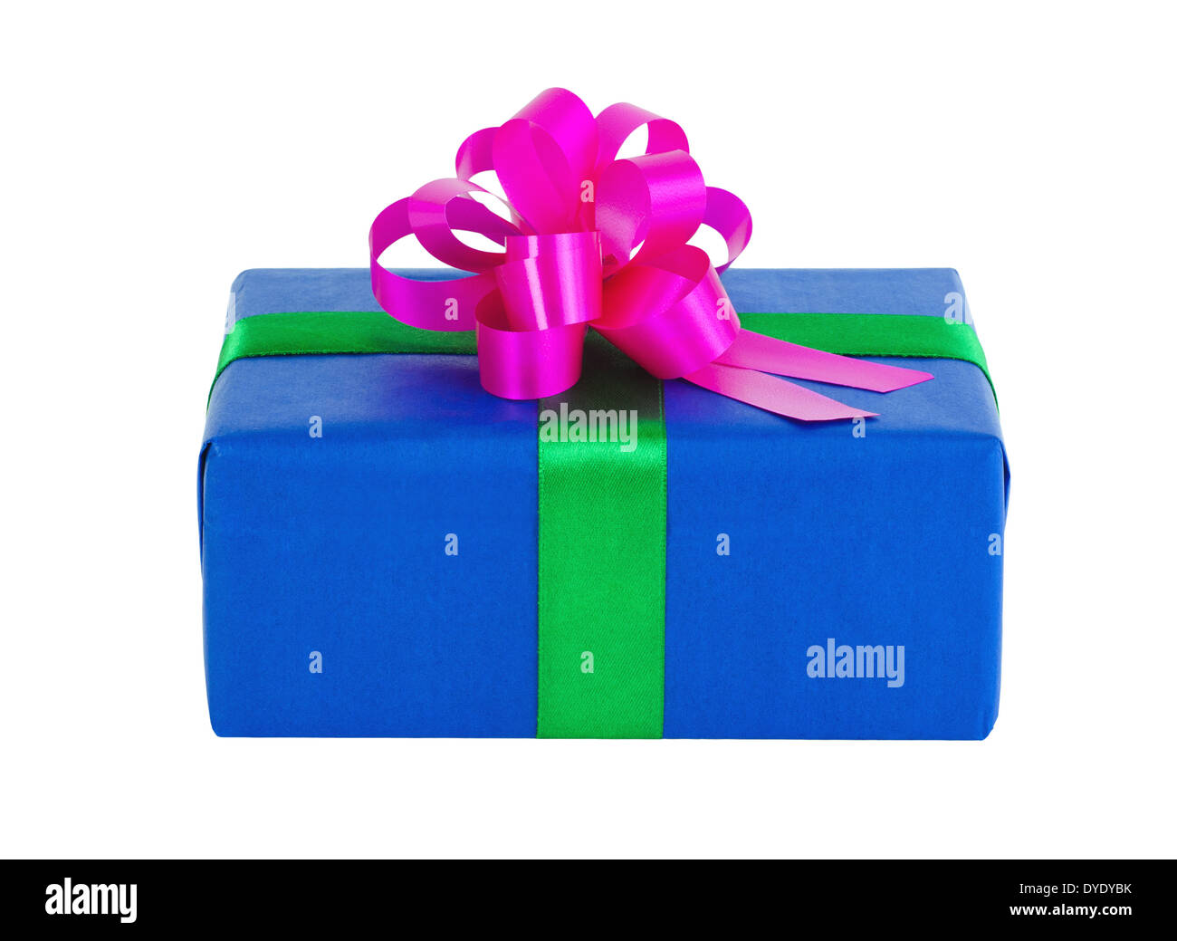 Blue gift box with a green tape and crimson bow Stock Photo