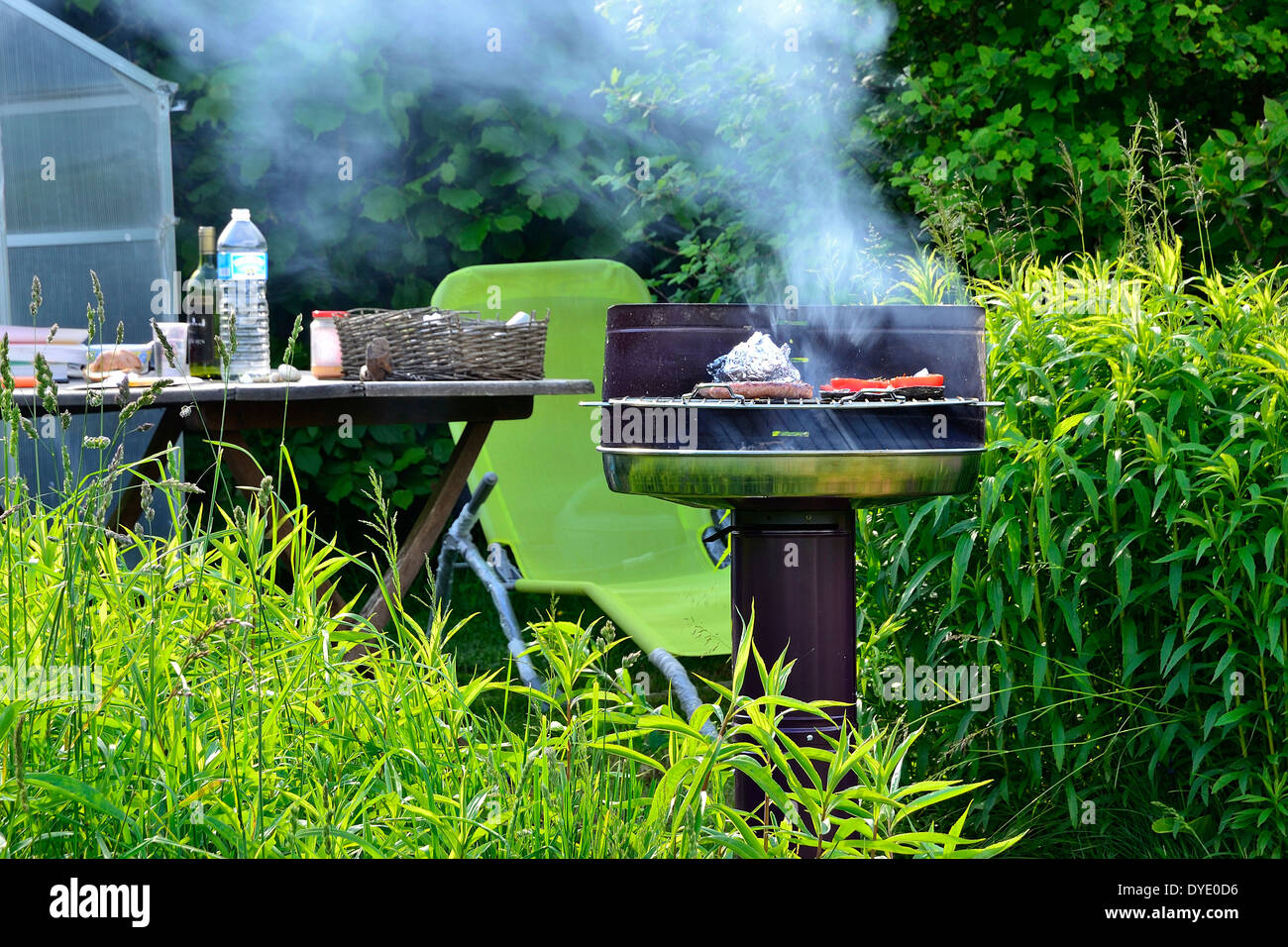 Barbecue dans un jardin (Potager de Suzanne, Le Pas, Mayenne, Pays de la Loire, France). Stock Photo