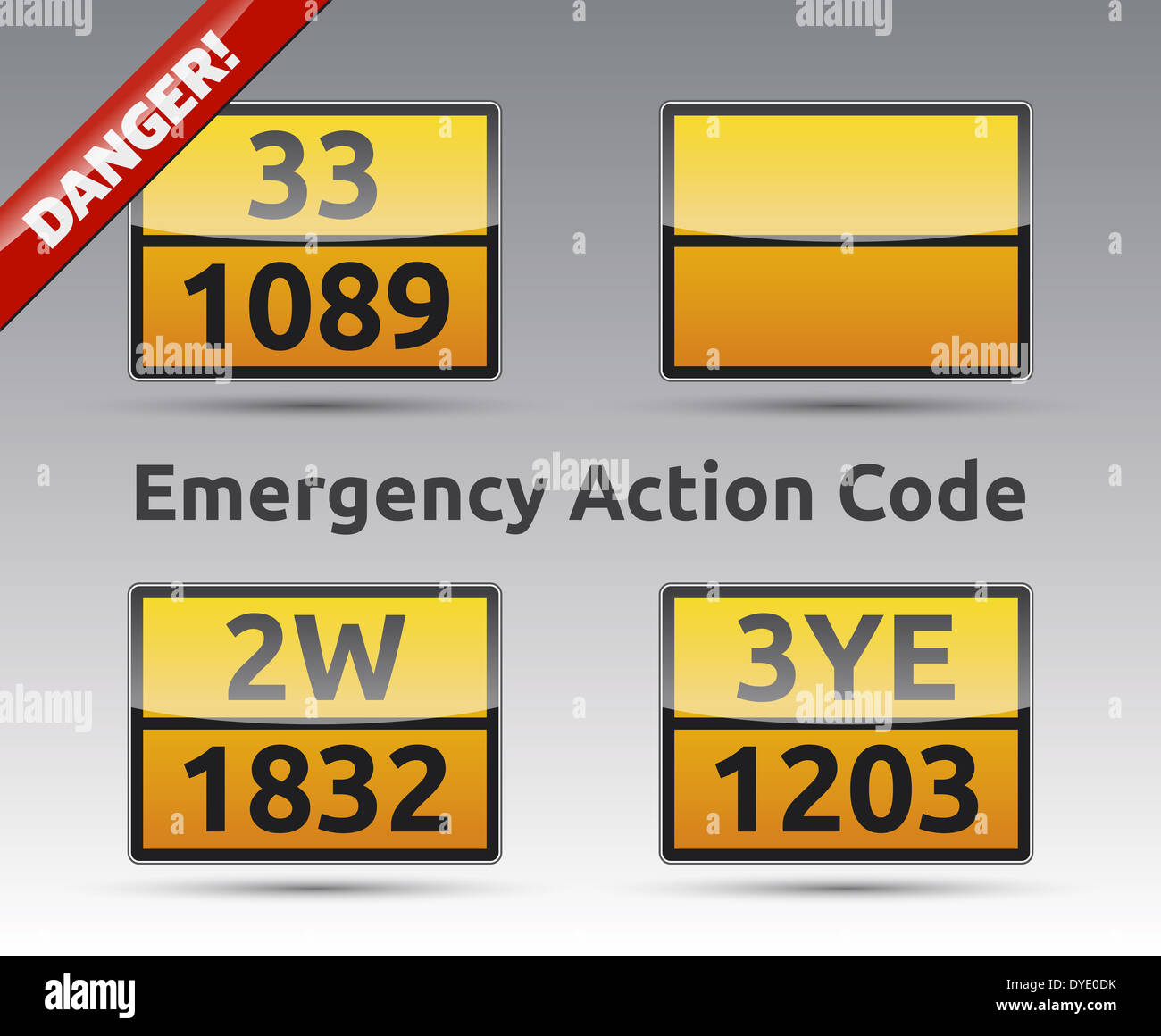 Emergency Action Code Danger liquid sign collection with reflection