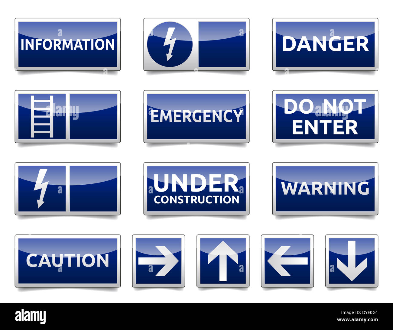 Isolated warning, emergency sign collection with reflection and shadow