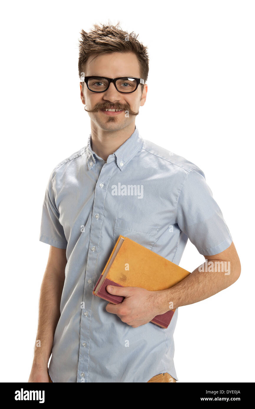 Dashing young man carries an old book, isolated on a white background Stock Photo