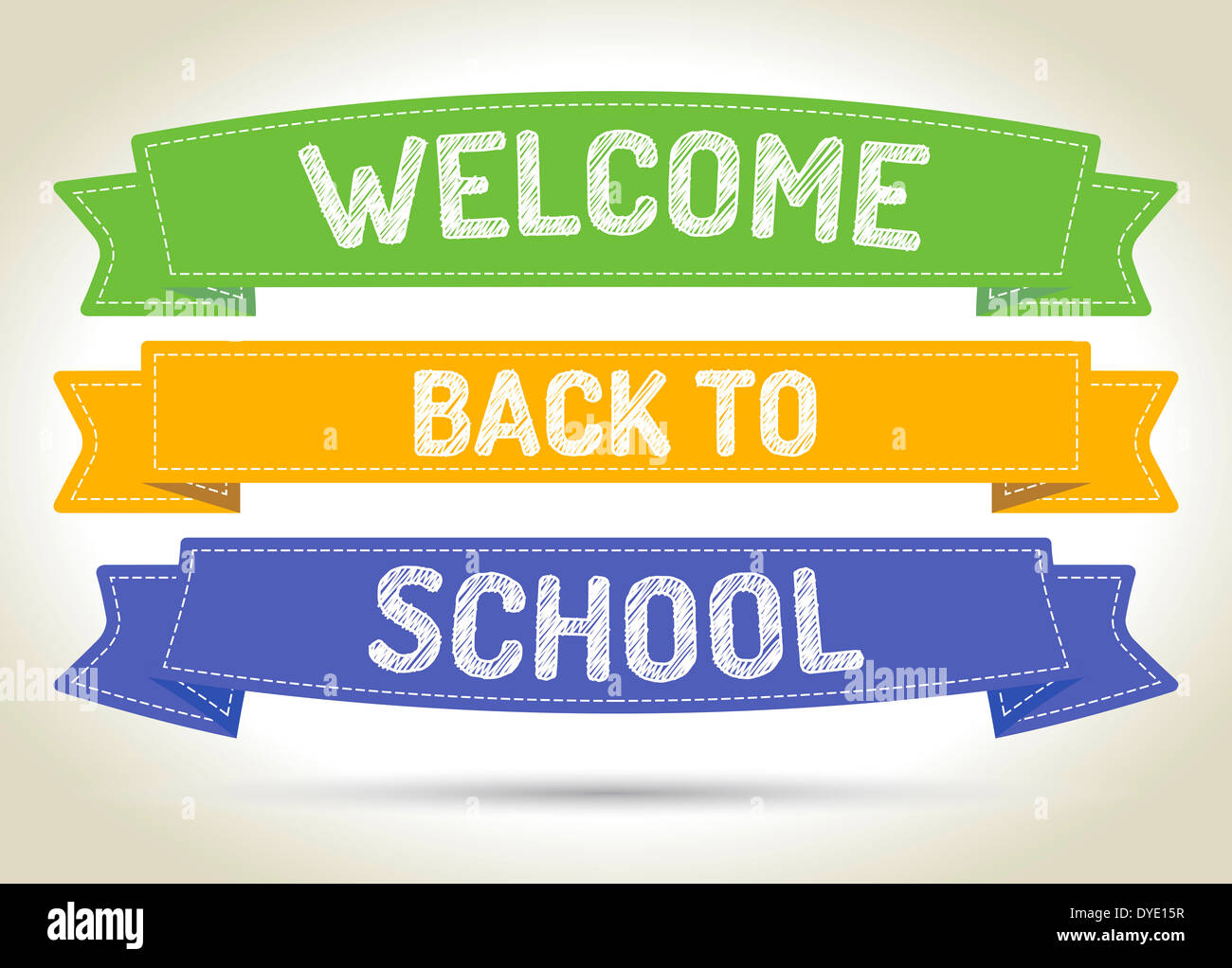 Welcome back to school - pen style text on colorized ribbons with shadow. Stock Photo
