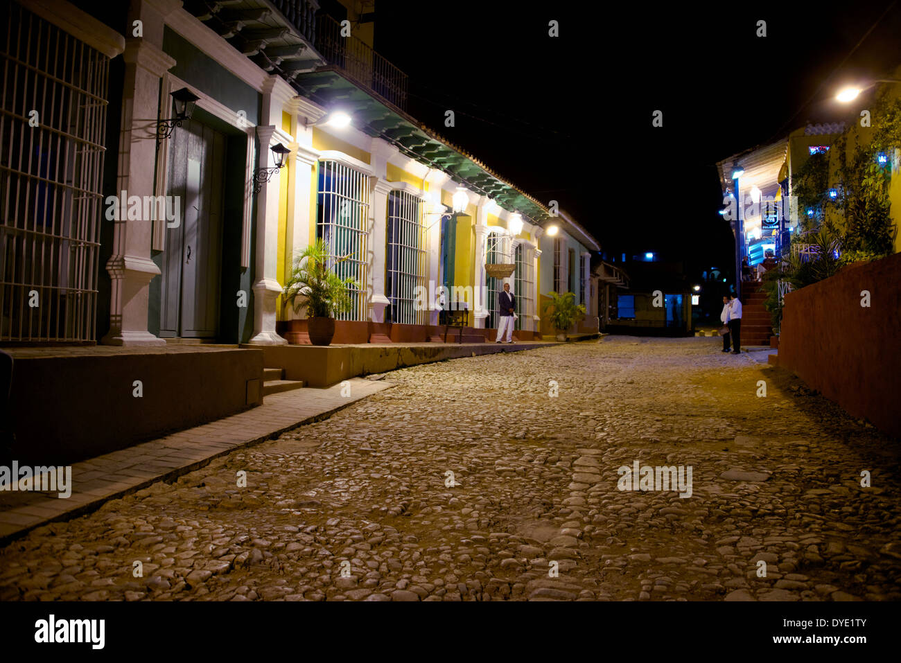 Cobble stone street at night Historic centre Trinidad Sancti Spiritus Province Cuba Stock Photo