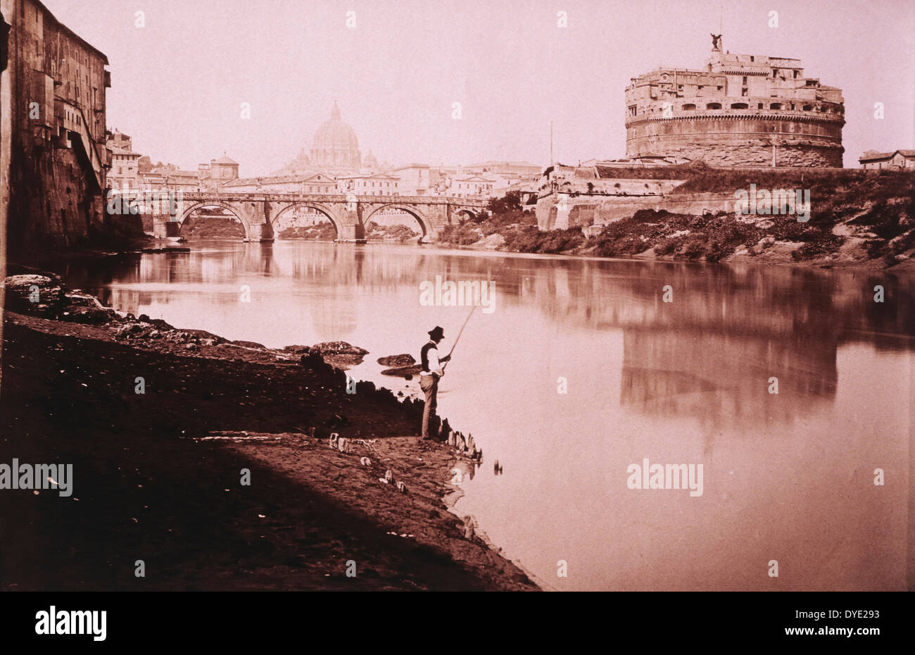 Man Fishing Near Castel Sant'Angelo and Bridge, Rome, Italy, circa 1880 Stock Photo