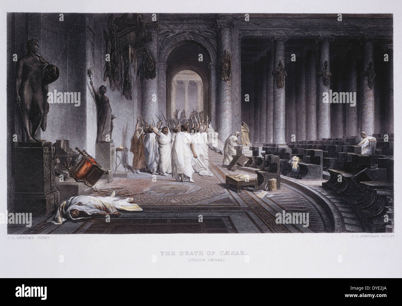 Assassination of Julius Caesar 44 BC, Hand-Colored Engraving after Painting by J.L. Gerome, circa 1860 Stock Photo