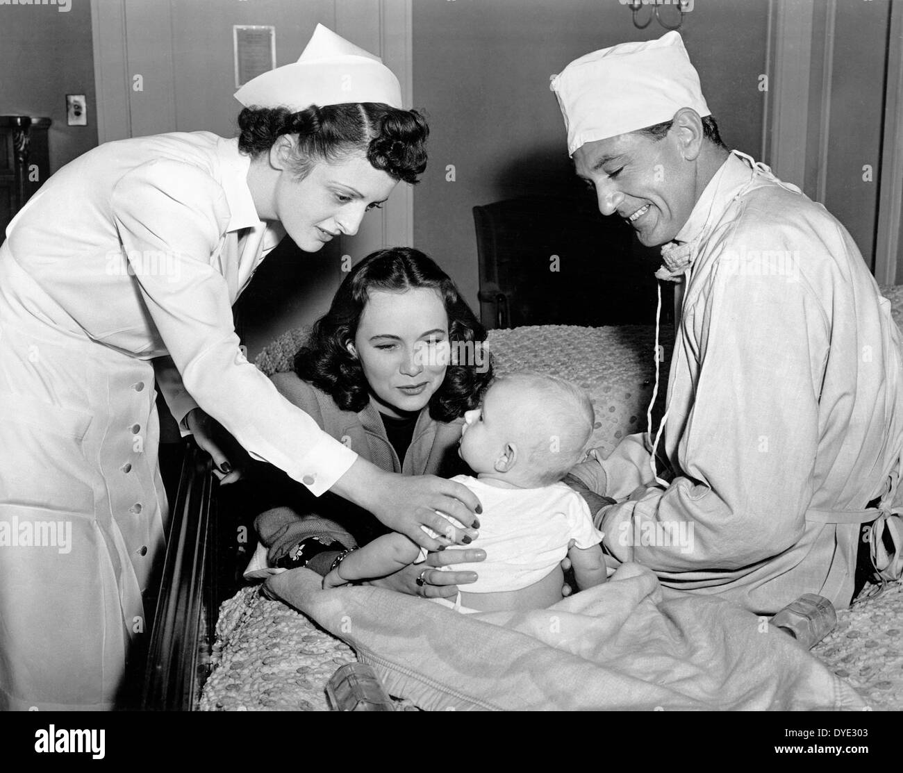 Dorothy Tree, Teresa Wright, Daniel Kolm, Gary Cooper, on-set of the Film, 'Casanova Brown', 1944 Stock Photo