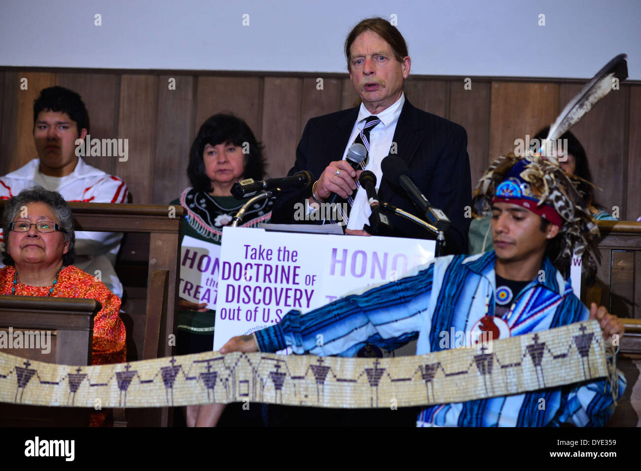 Washington DC, USA . 15th Apr, 2014. JOSEPH J. HEATH, General Counsel for Onondada Nation and members of the Onodaga Nation announce the filing of a petition against the United States with the Inter-American Commission on Human Rights in front of the White House Tuesday. The Onodaga Nation, who are native to New York state, say that some 2.5 million acres of land has been taken from them in violation of the Canadaigua Treaty of 1794, established during the administration of the first U.S. President, George Washington. Credit:  ZUMA Press, Inc./Alamy Live News Stock Photo