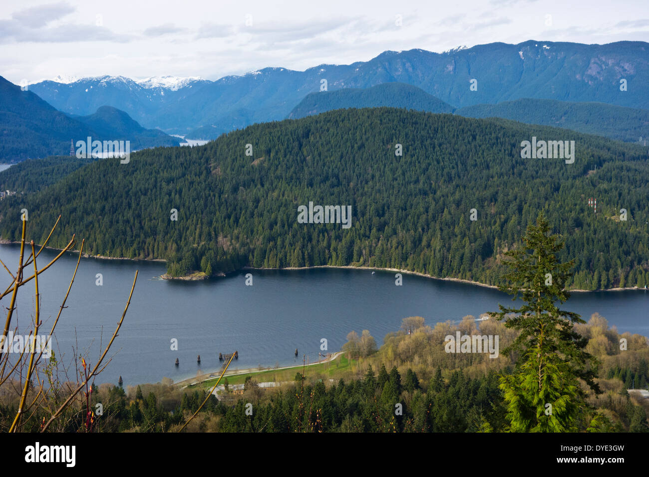 View from Burnaby Mountain, looking down at the Burrard Inlet, and the
