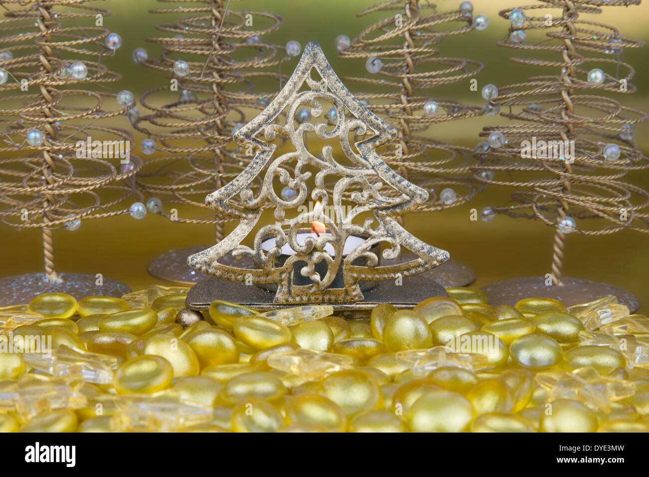 Gold Christmas tree shaped tea light holder with Yellow clear glass