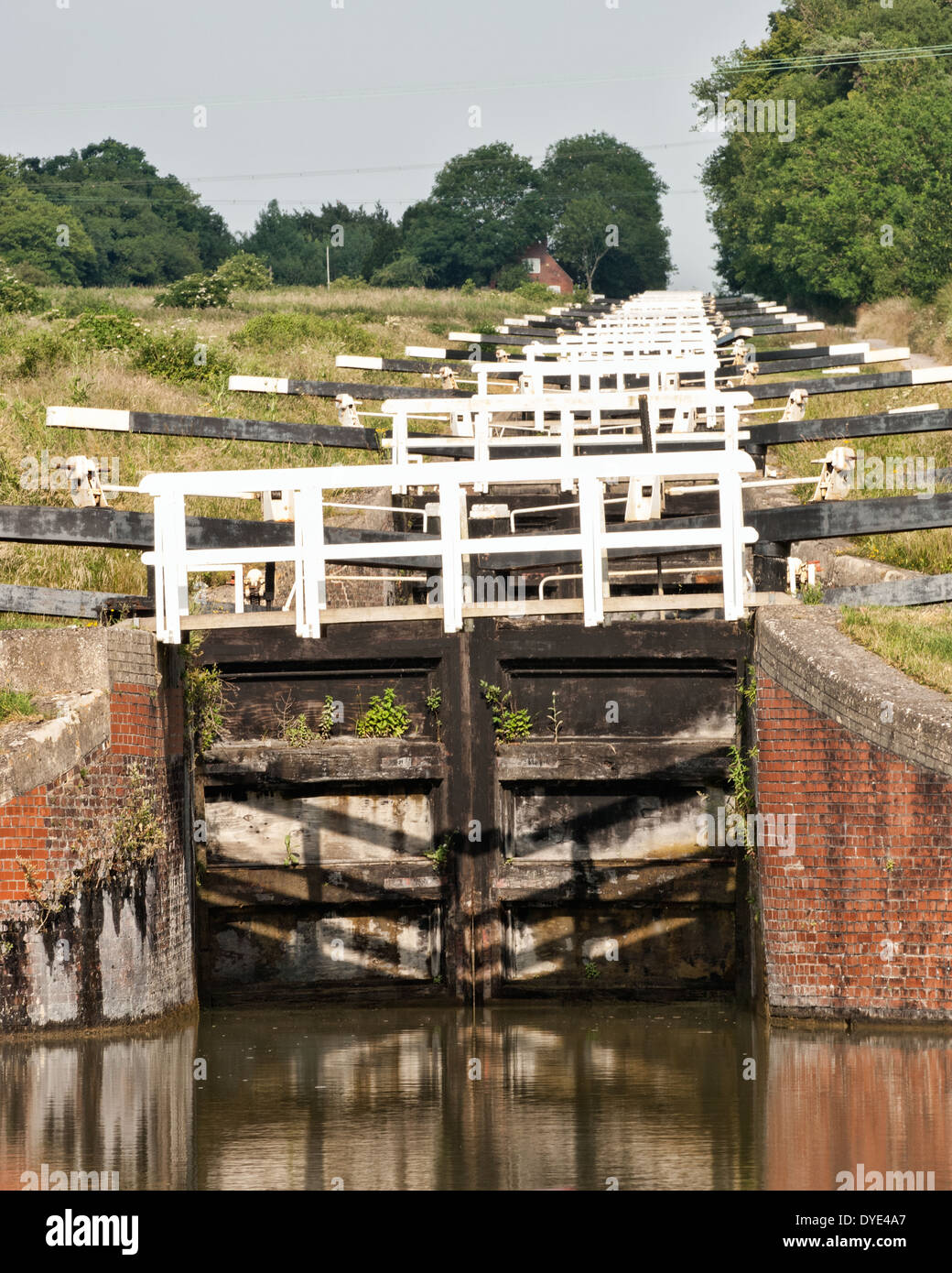 The flight of locks on the Kennet & Avon canal at Caen Hill near Devizes, Wiltshire, UK Stock Photo