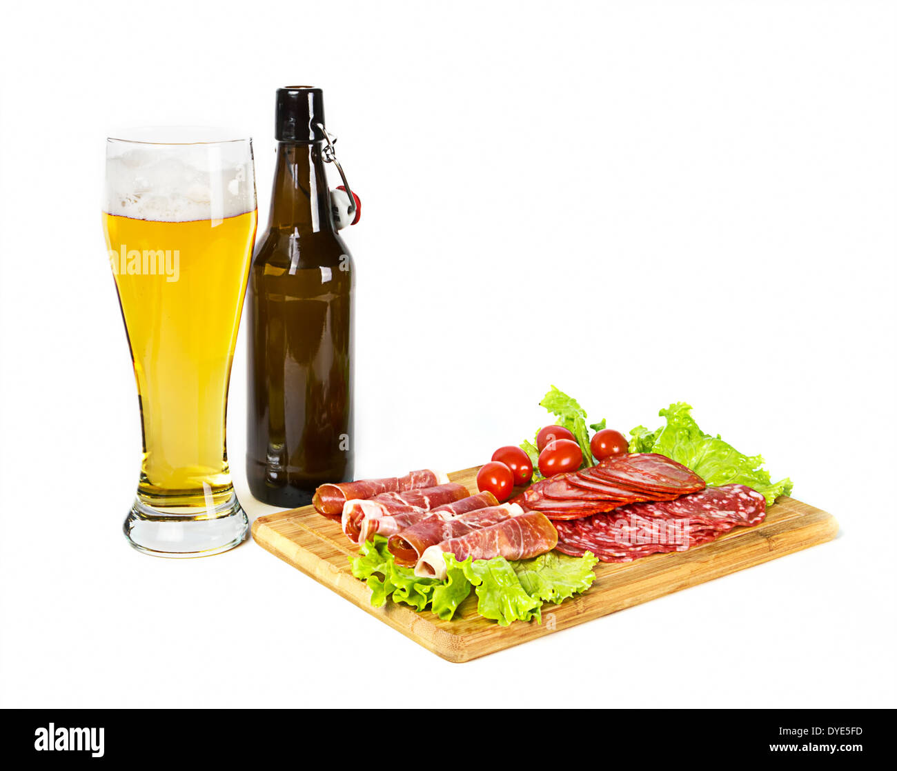 Lagar beer and mix of different meat snack on white Stock Photo