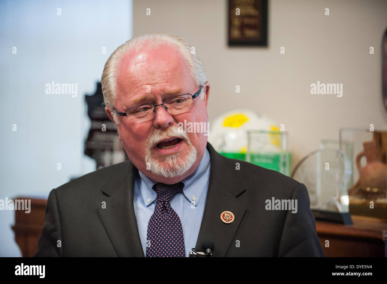 Tucson, Arizona, USA. 15th Apr, 2014. Rep. RON BARBER (D-Ariz.) today held a meeting with U.S. Air Force Gen. G. Hostage over the future of the A-10 and its home base Davis-Monthan Air Force Base in Tucson, Ariz. Barber said during a press conference following the closed meeting that Hostage called DMAFB vital, and said he would work to keep the base open even after the A-10 is retired. Barber is also working with other members to keep the A-10 and F-16 fighters flying even as the Pentagon moves closer to deploying the F-35. © Will Seberger/ZUMAPRESS.com/Alamy Live News Stock Photo
