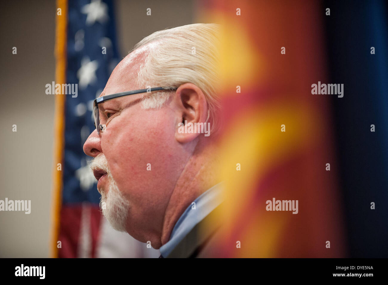 Tucson, Arizona, USA. 15th Apr, 2014. Rep. RON BARBER (D-Ariz.) today held a meeting with U.S. Air Force Gen. G. Hostage over the future of the A-10 and its home base Davis-Monthan Air Force Base in Tucson, Ariz. Barber said during a press conference following the closed meeting that Hostage called DMAFB vital, and said he would work to keep the base open even after the A-10 is retired. Barber is also working with other members to keep the A-10 and F-16 fighters flying even as the Pentagon moves closer to deploying the F-35. © Will Seberger/ZUMAPRESS.com/Alamy Live News Stock Photo