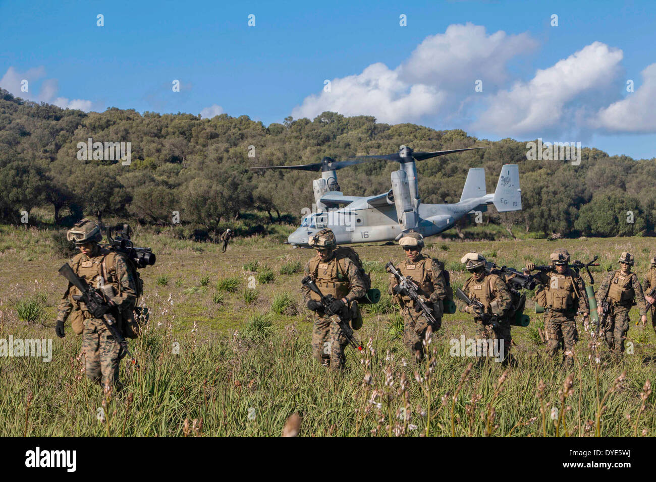 US Marines exit a MV-22 Osprey aircraft during an assault exercise February 24, 2014 in Sierra del Retín, Spain. Stock Photo