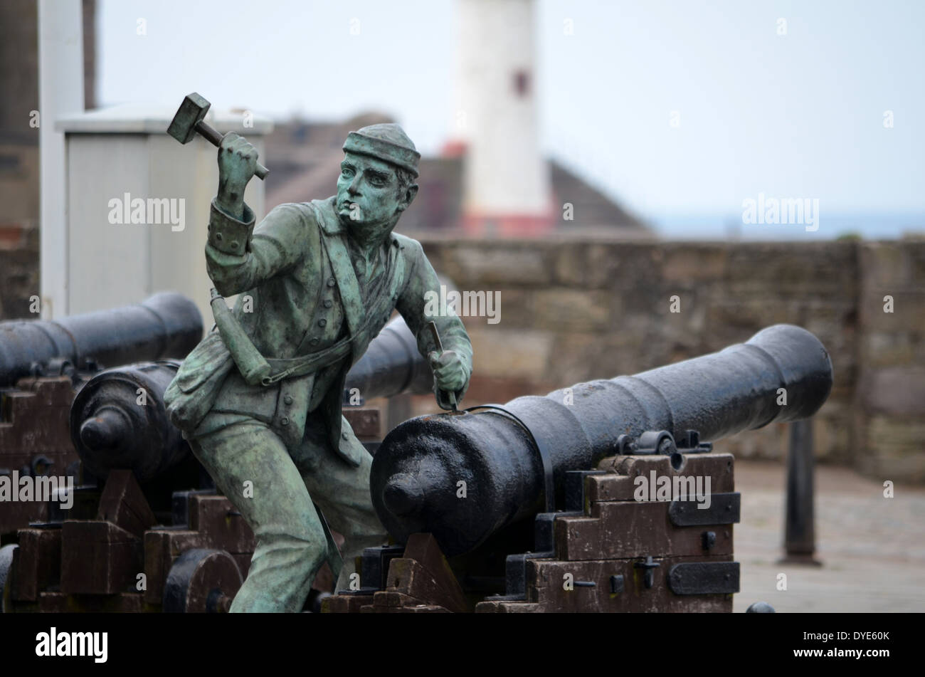 Statue at Whitehaven commemorating the 1778 raid by John Paul Jones. His crew spiked the guns on the harbour Stock Photo