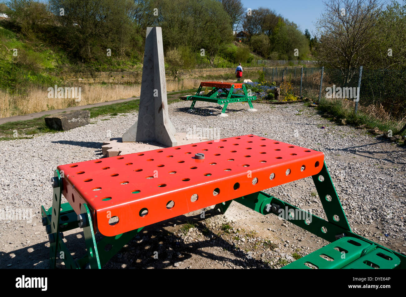 Picnic area at the Meccano Bridge, Manchester Bolton & Bury Canal, Nob End, Little Lever, Bolton, Manchester, England, UK Stock Photo