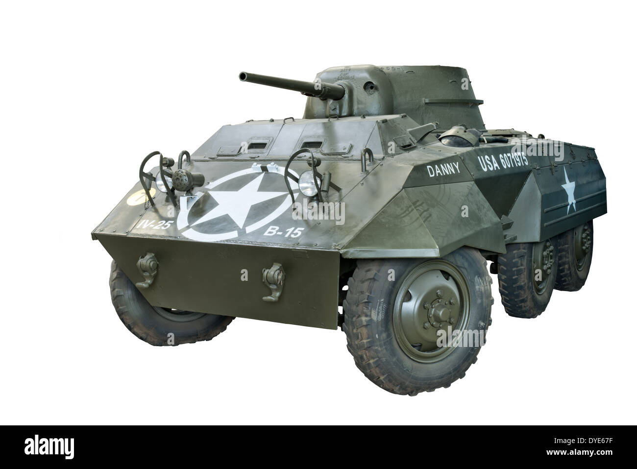 A cut out of an American AMM8 armored car & reconnaissance vehicle used extensively during & after WW2 Stock Photo