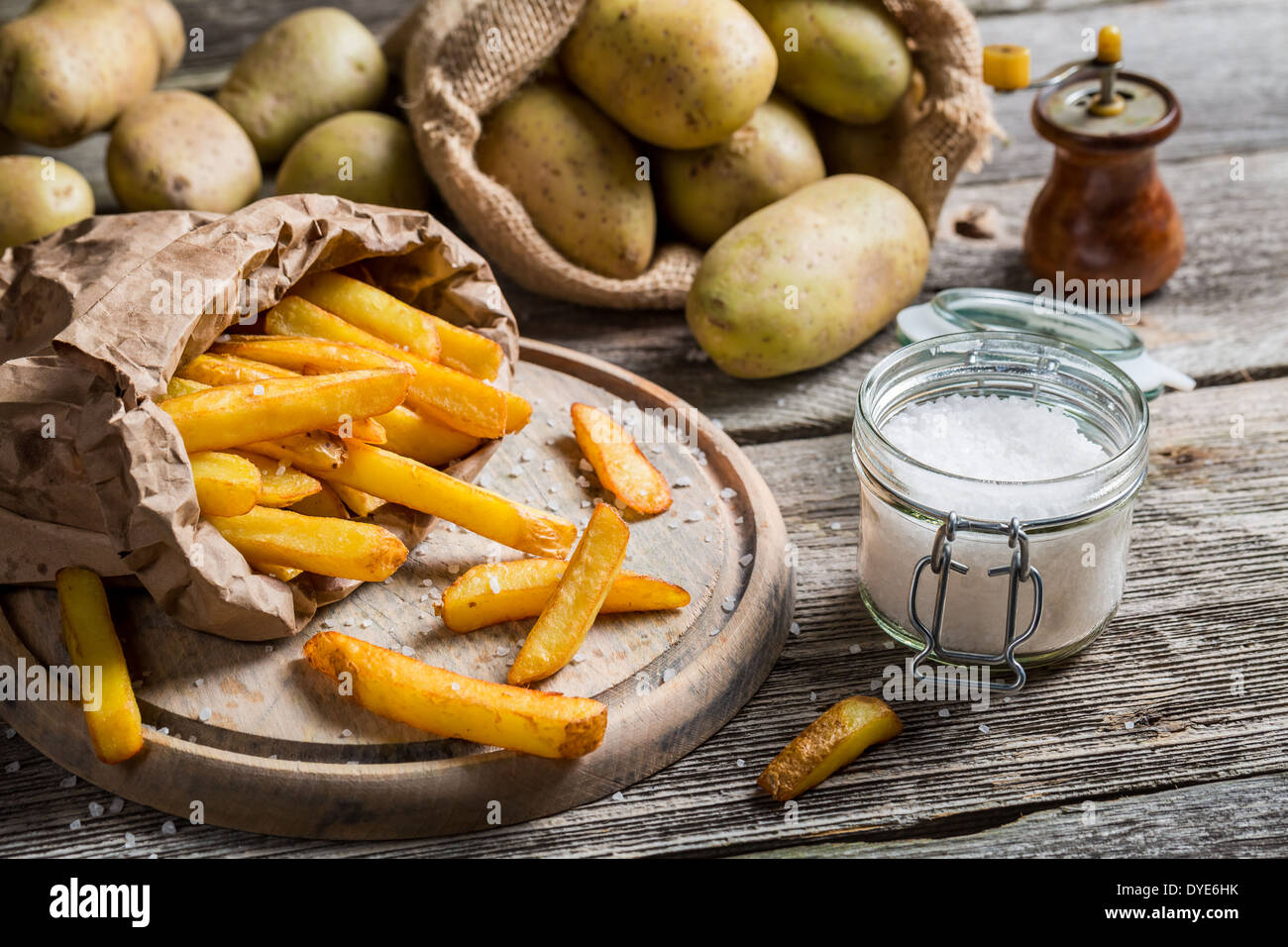 Homemade fries with salt and pepper Stock Photo Alamy