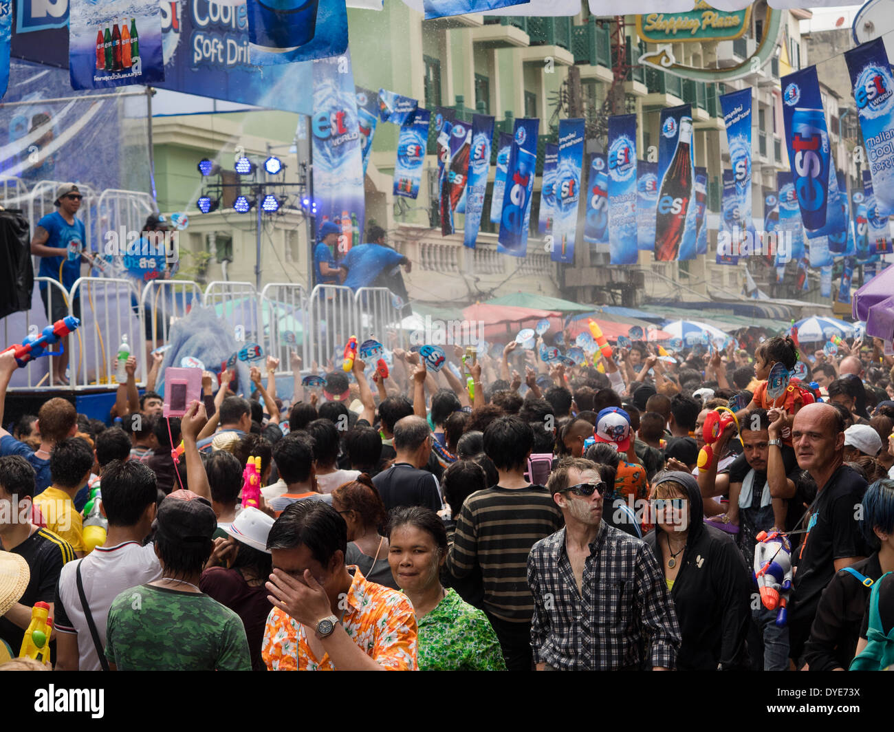 Crowd celebrating Songkran, the traditional Thai New Year, on Khao San Road in Bangkok, Thailand. Stock Photo