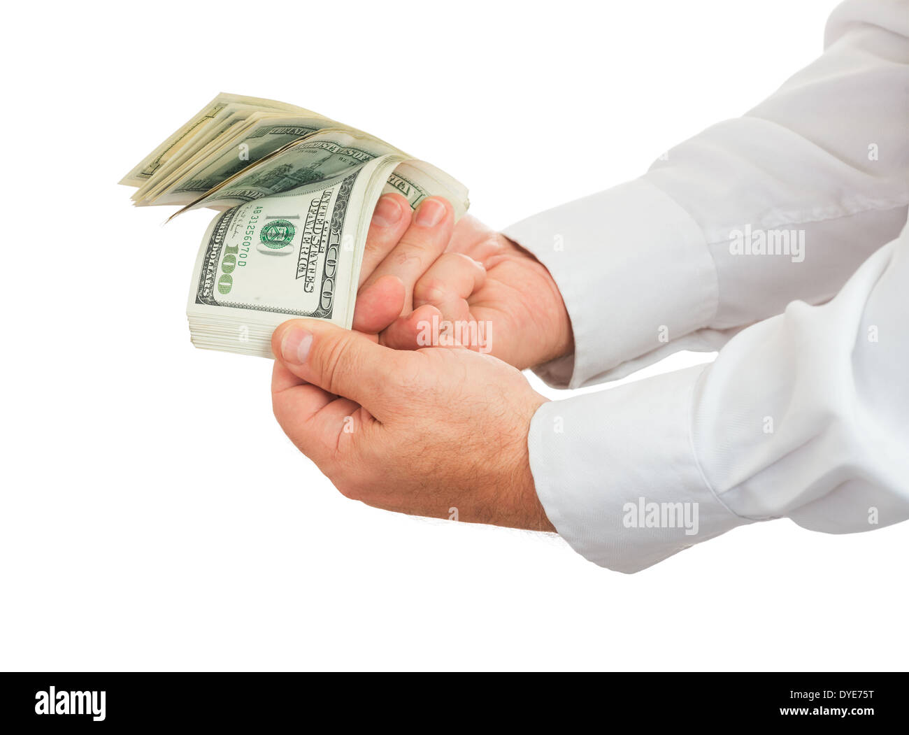 hands of businessman holding and counting money isolated on white background Stock Photo