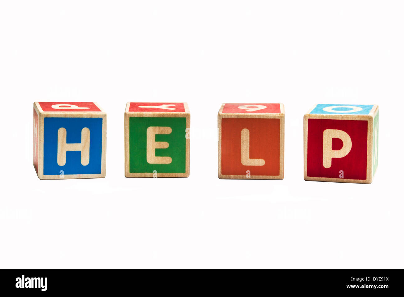 Wooden blocks spelling out the word help on a white background. Stock Photo