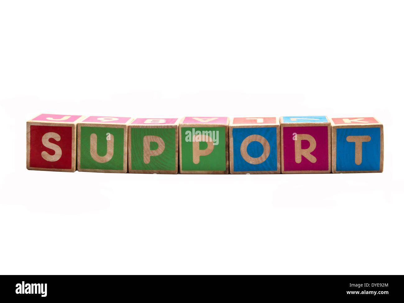 Colorful wooden blocks spelling out the word support on a white backdrop. Stock Photo