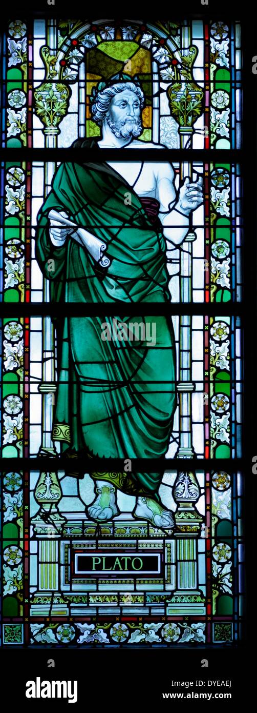 Plato 428/427 BC – 348/347 BC. philosopher in Classical Greece. He was also a mathematician, student of Socrates, writer of philosophical dialogues, and founder of the Academy in Athens, the first institution of higher learning in the Western world, depicted in a stained glass window at the Rijks Museum in Amsterdam, Holland. Stock Photo