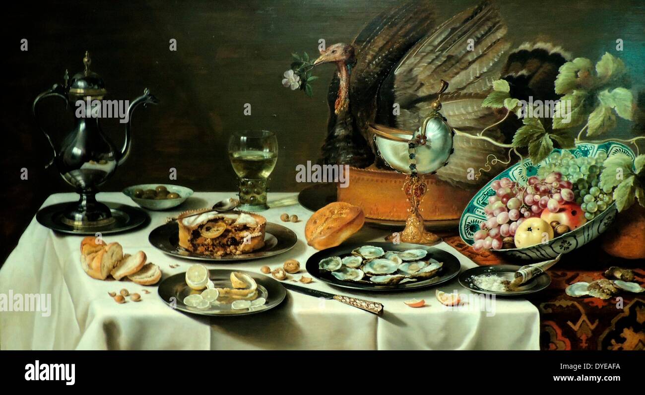 Still Life with a Turkey Pie by Pieter Claesz (c 1597-1660) oil on panel, 1627. A variety of delicacies are displayed on the table. To show them off to best advantage, the painter arranged the dishes side by side with virtually no overlap. The pie with a stuffed turkey is the most striking composition. The table is seen from slightly above, which is characteristic of early still-life painting. Stock Photo