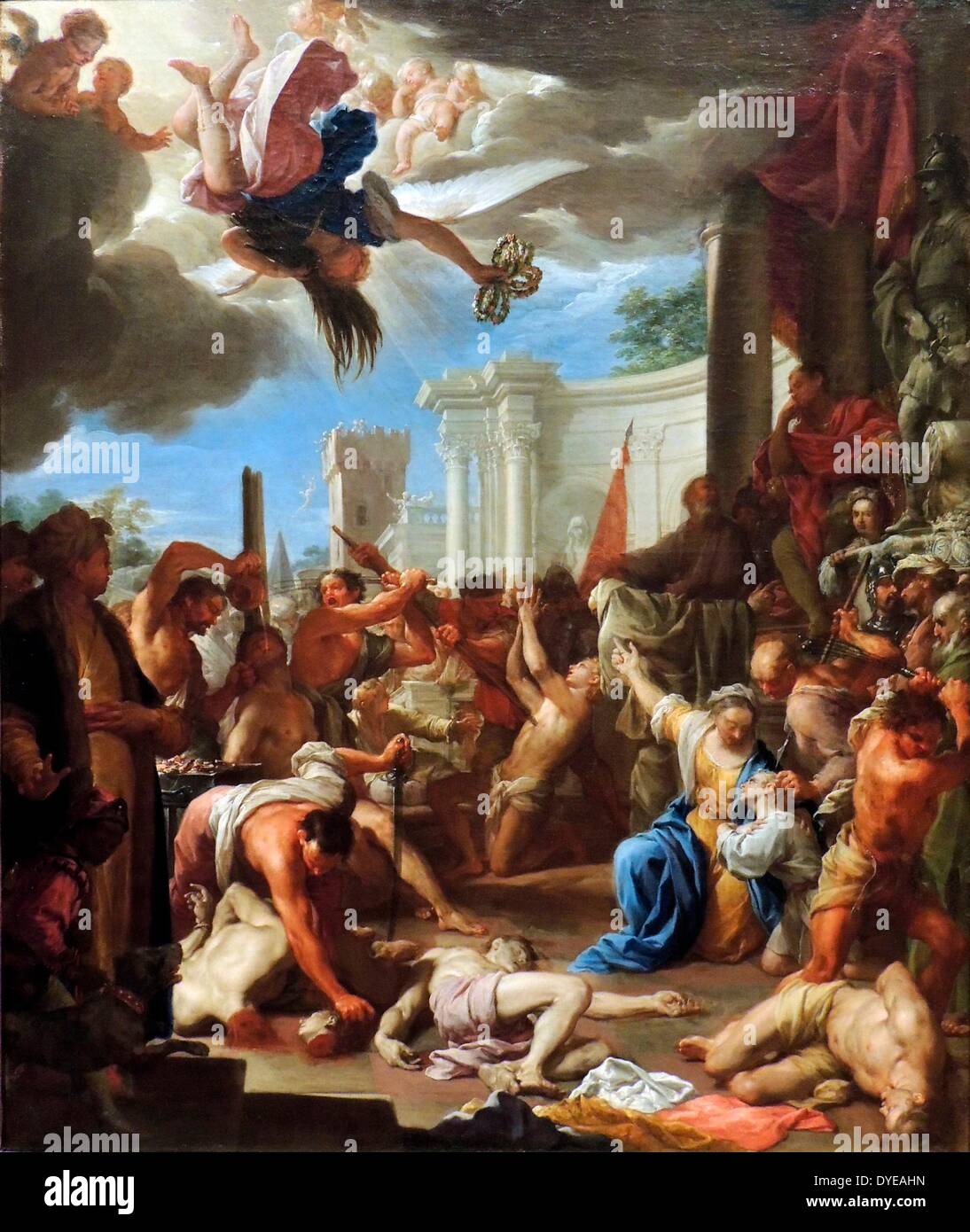 The Martyrdom of the Seven Sons of Saint Felicity by Francesco Trevisani (1656-1746) oil on canvas, 1709. The most prominent cardinal in Rome ordered this painting as a gift for a French minister and his wife, whose name, Catherine Felicite, inspired the choice of subject. The Christian martyr Saint Felicity - here in a yellow gown - was forced to witness the martyrdom of her seven sons before herself being beheaded. Trevisani included two self-portraits; as the standing man at the left, and as the man looking out at us from behind the statue at right. Stock Photo