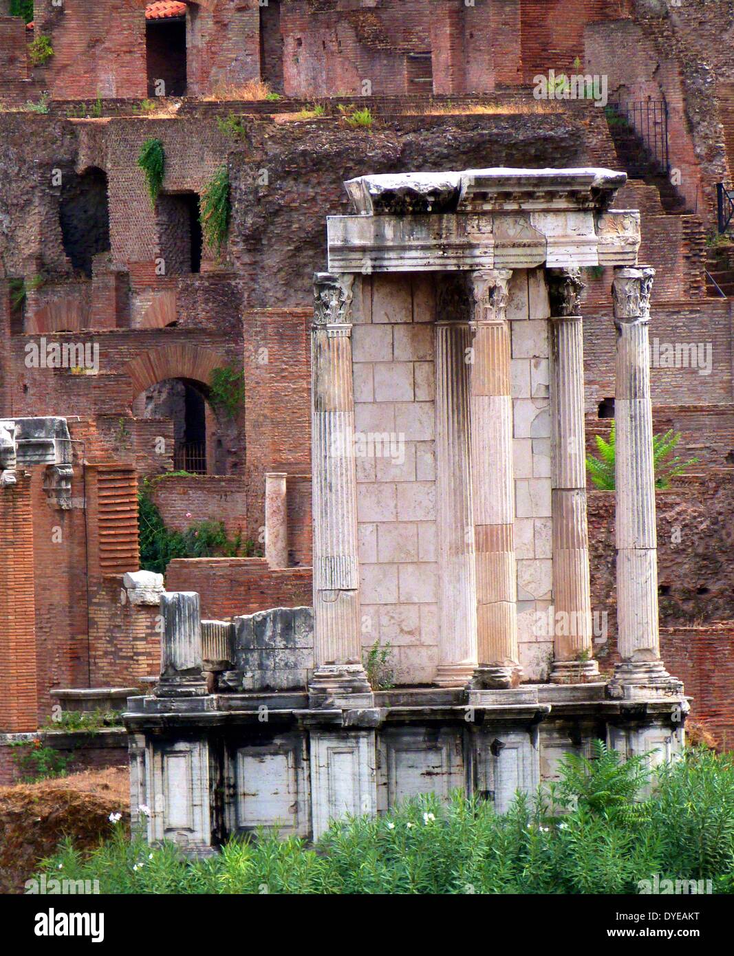 The Roman Forum is a rectangular plaza surrounded by the ruins of ancient government building in the centre of Rome. Originally referred to as a marketplace. Rome. Italy 2013 Stock Photo