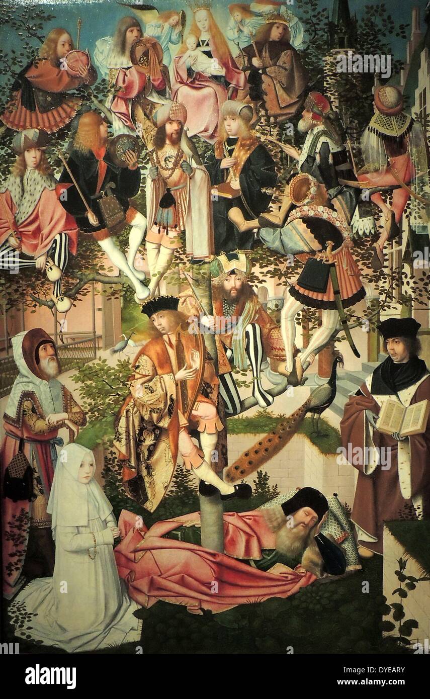 The Tree of Jesse circle of Geertgen tot Sint-Jans (c. 1455/65-1485/95 Haarlem, c. 1500 oil on panel. Pictured here symbolically is Christ's family tree. It grows out of the sleeping figure of Jesse, forefather of a line of kings that included, according to tradition, Salomon, David and Jesus. The branches are filled with the kings of Israel, among them King David with his harp. Stock Photo