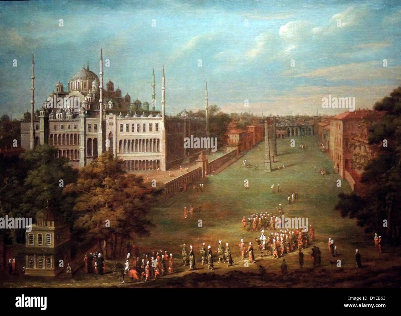 The Grand Vizier Crossing the Atmeydani (Horse Square) by Jean Baptiste Vanmour (1671-1737) oil on canvas, 1720-1737. The Atmeydani was Istanbul's large, central square. Two obelisks recall the fact that the area had been a hippodrome in ancient times. The grand vizier, on horseback at lower right centre, is accompanied by soldiers and preceded by two servants. They carry a prayer rug and a cushion in case he is called to prayer while en route. Stock Photo