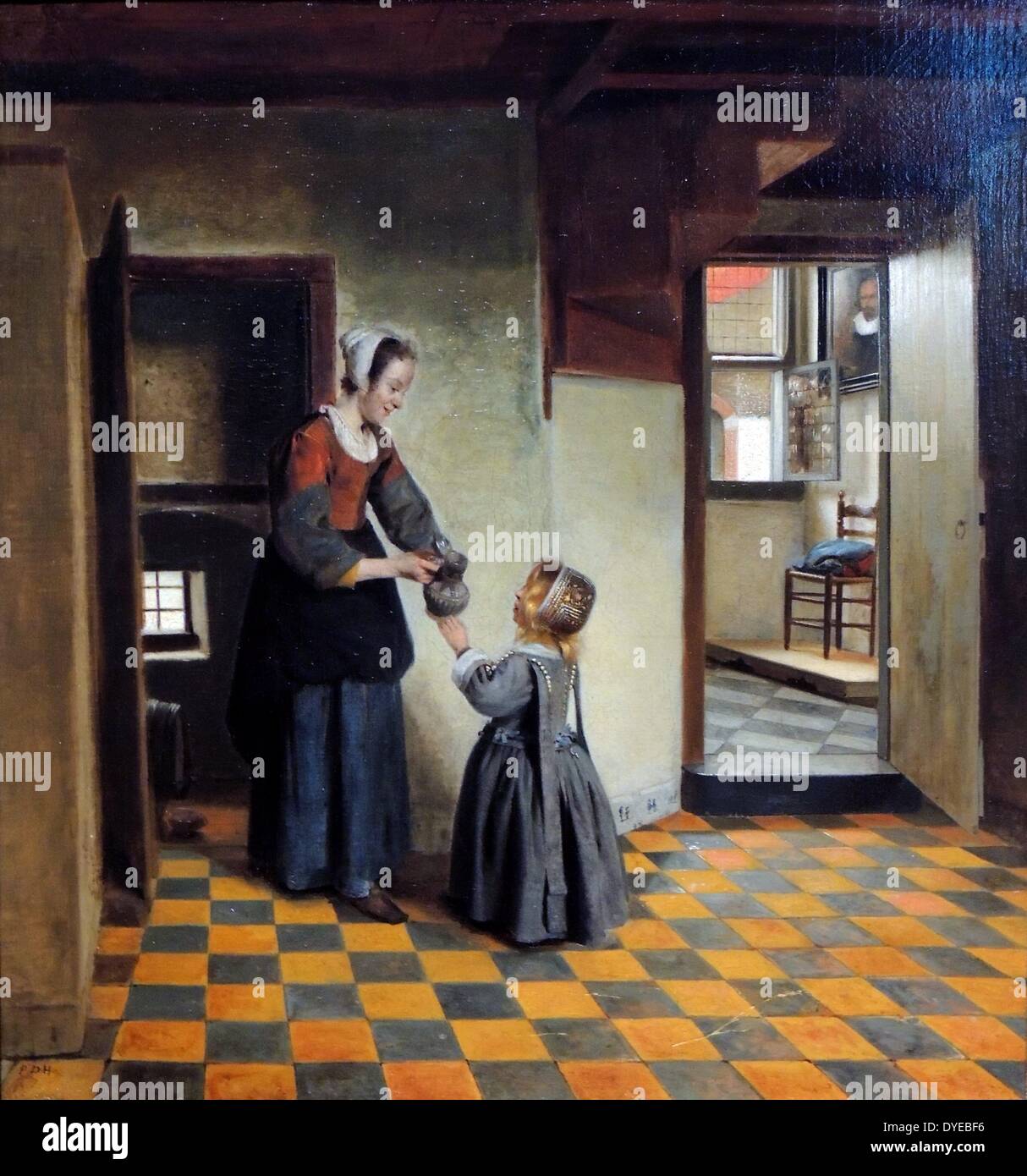 Woman with a Child in a Pantry, Pieter de Hooch (1629 - ca.1683) oil on canvas c. 1656-1660. Pieter de Hooch worked in Delft for a few years at the same time as Johannes Vermeer. Both artists were fascinated by how to render light and space. Stock Photo