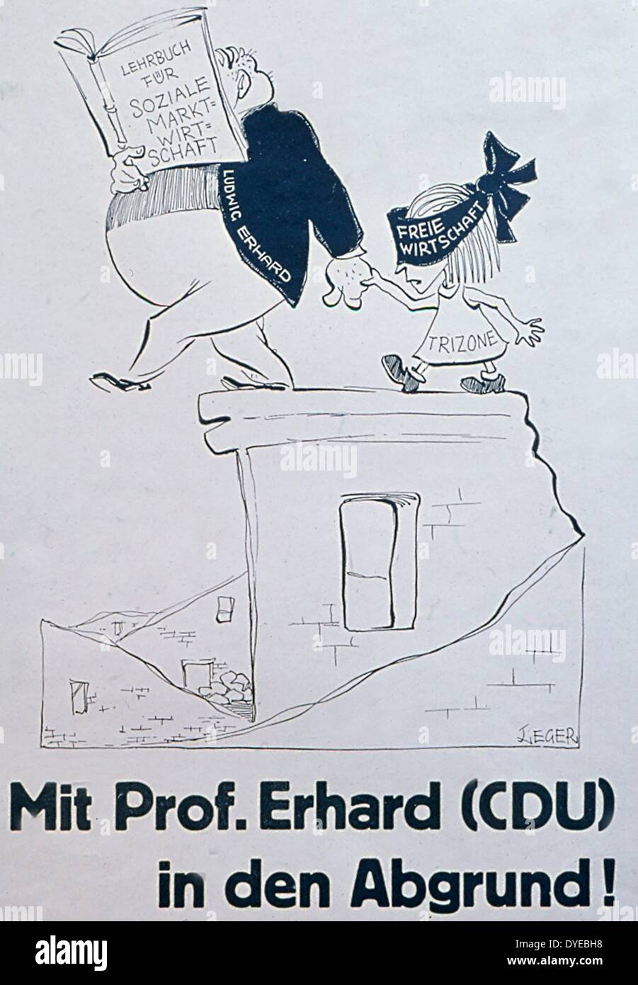 German satirical cartoon showing Ludwig Erhard (German Chancellor leading Germany to disaster. Circa 1966 Stock Photo
