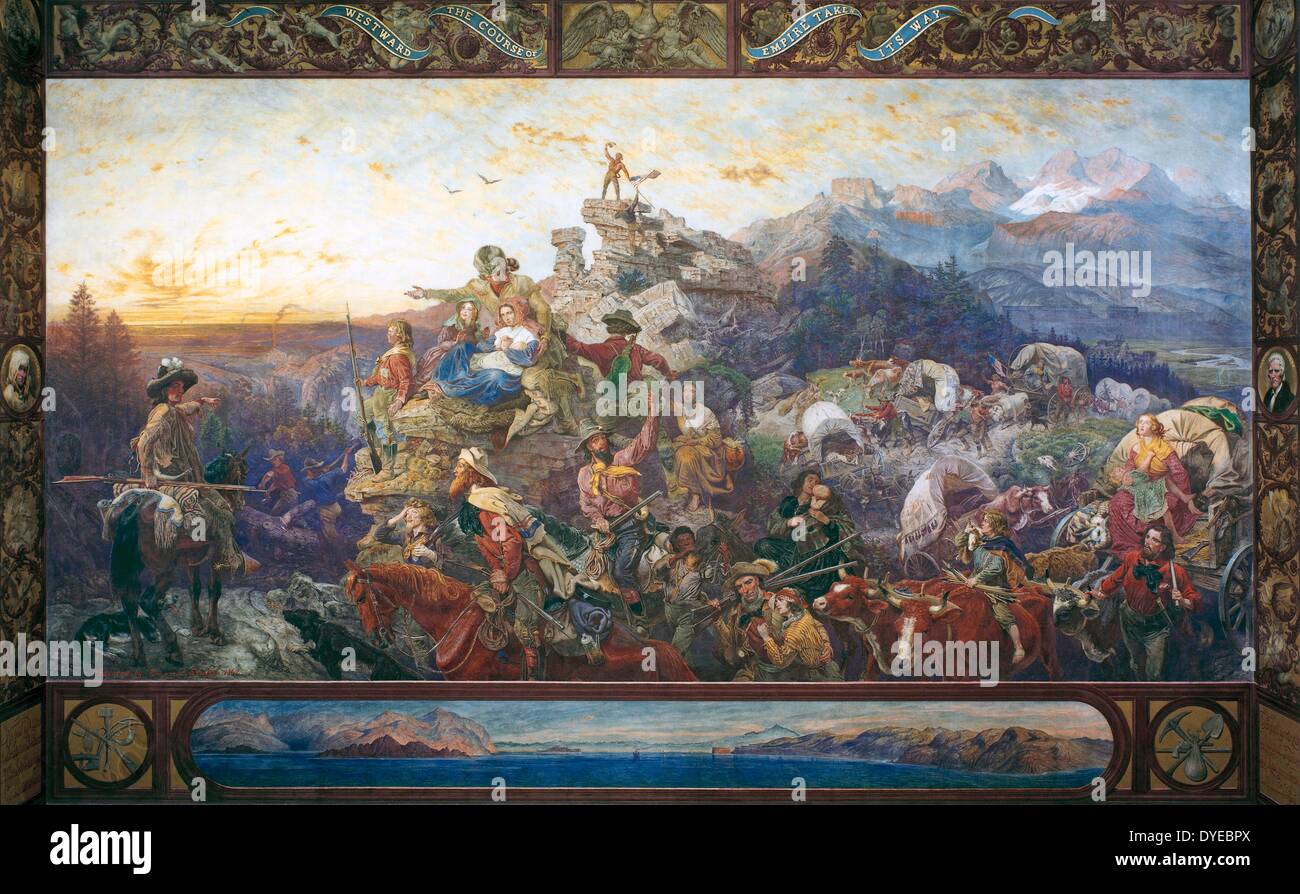 Westward the Course of Empire Takes Its Way (also known as Westward Ho) is a painted mural currently displayed behind the western staircase of the House of Representatives chamber in the United States Capitol Building. The mural was painted by Emanuel Gottlieb Leutze in 1861 and symbolizes Manifest Destiny, the belief that the United States was destined for Western exploration and expansion Stock Photo